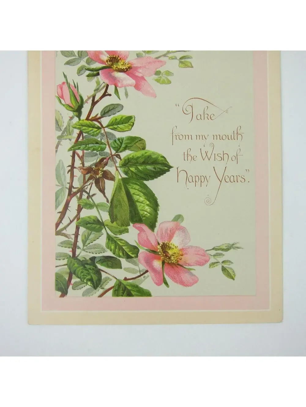 Victorian Greeting Card Pink Flowers Green Leaves Wish of Happy Years Antique